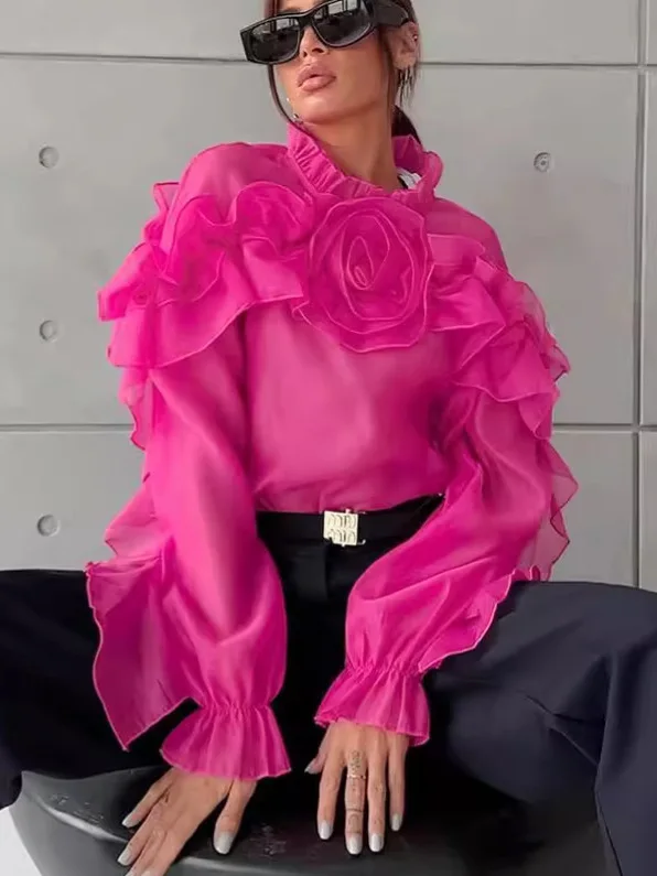 

Fashionable Long Sleeve Ruffled Stand Collar Shirt Women's Loose Fit Breathable Comfortable Commute Style Color Shirt