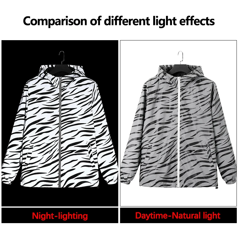 زيبرا طباعة ليلة سترات عاكسة للرجال موضة الهيب هوب الشارع الشهير يندبروف في الهواء الطلق مضيئة السلامة مقنعين معاطف عادية #5