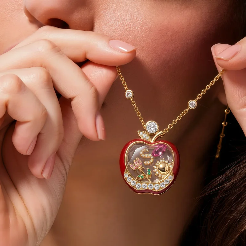

Apple Glass Openable Locket Pendant Necklace Fashion Simple DIY Design Versatile Clavicle Chain Elegant Women Daily Wear Gift