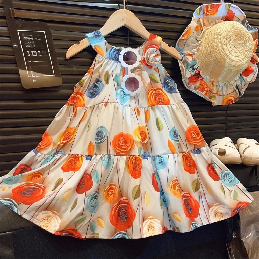 

Korean Version Fashionable Colorful Rose Print Neck Hanging Dress Summer New Item for Home and Outdoor Children's Casual Clothes