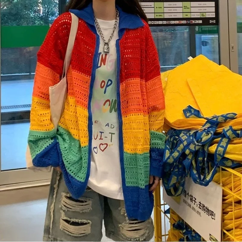 

Цветной вязаный ажурный кардиган, женский весенне-осенний свободный топ Lazy Street Sle из смеси хлопка из полиэстера с открытой передней частью