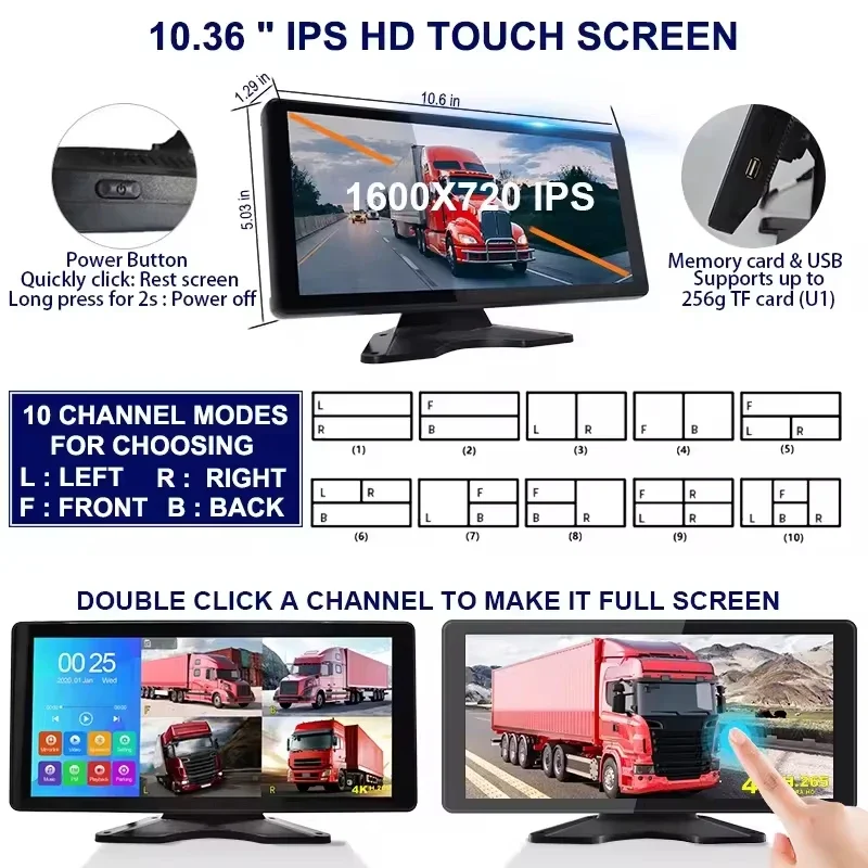 10,36-дюймовый 4-канальный автомобильный видеорегистратор с разделенным экраном, монитор AHD, камера заднего вида для переднего и заднего ночного видения для грузовика, коммерческого человека