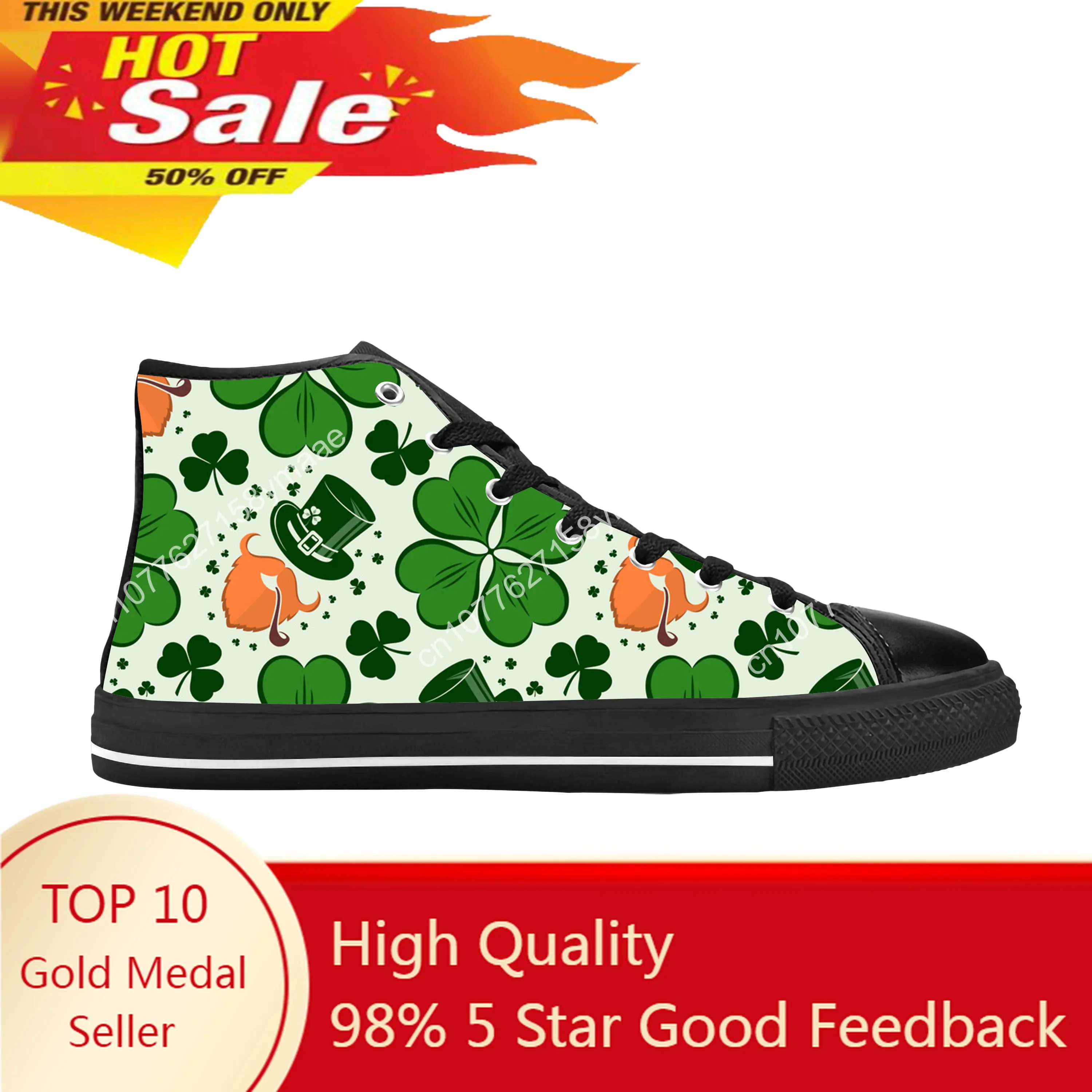 

Happy Clover St Patrick's Day Pattern Shamrocks Casual Cloth Shoes High Top Comfortable Breathable 3D Print Men Women Sneakers