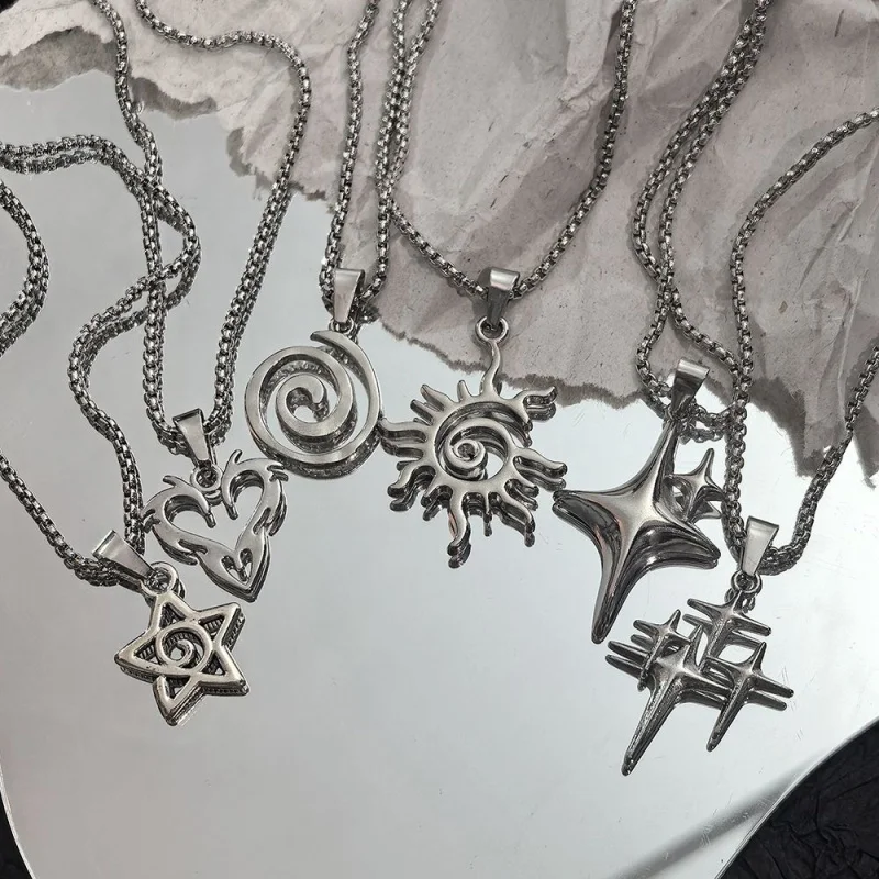 6Pcs Y2K Spiral Sun Star Hollow Heart Pendant Necklace Set Silver Box Chain Stackable Necklace Aesthetic Jewelry