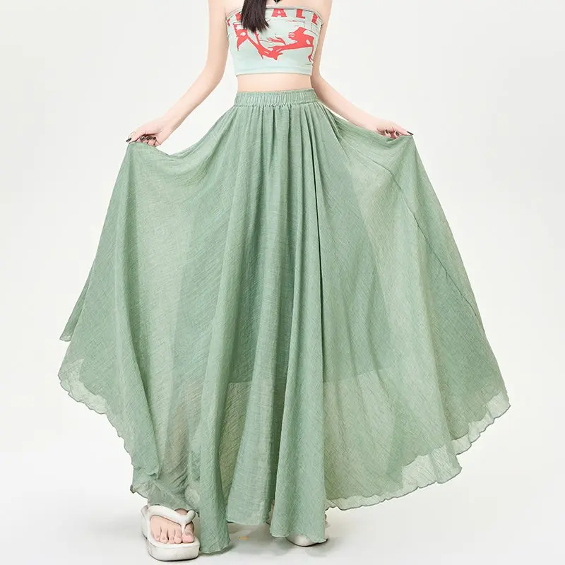 

Qiukichonson Midi Long Skirts Women Summer Cotton Linen Skirt Mori Girl Style Casual High Waist A-Line Ruffle Pleated Maxi Skirt