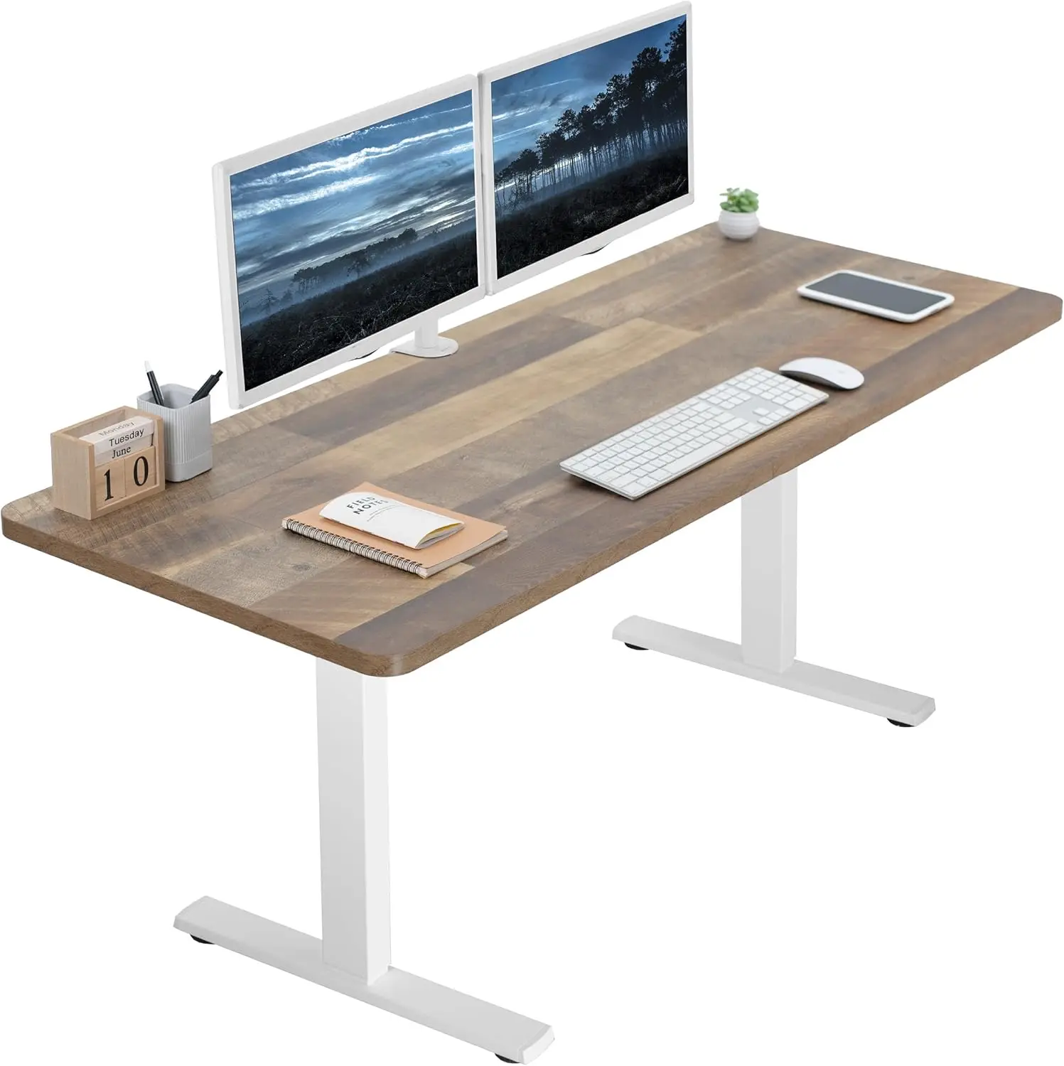 

Electric height adjustable 60 x 24 inch memory standing desk, recycled wood solid all-in-one desktop, white frame