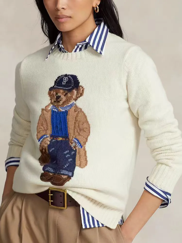 

New 2024 Autumn Winter Pullover Sweater Women Cashmere Knitwear Tops Bear Print Warm Pullovers Korean Fashion Chic Woman Clothes