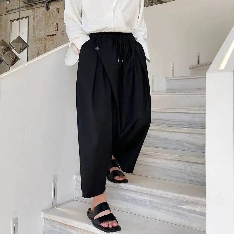 WVGA Spring Summer New Men's Asymmetrical Elastic Waist Wide-Leg Trousers Loose Trendy Niche Chic Casual Nine-Point Pants W23160