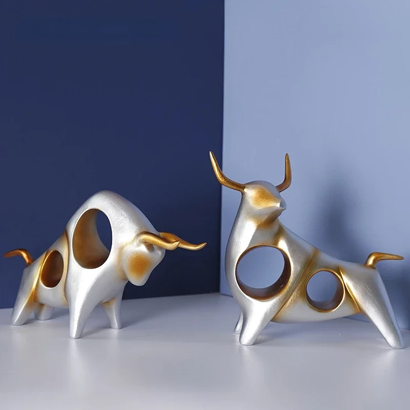 Creative Resin Animal Sculpture Abstract Simulation Cattle Bull Statue Golden Hollow Modern Home Decoration Accessories European