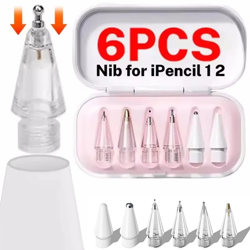 6pcs Replaceable Stylus Pencil Tips For Apple Pencil 1st 2nd 3th Gen Wear-Resistant Transparent Pen Nibs For iPad Pencil 1 2 3