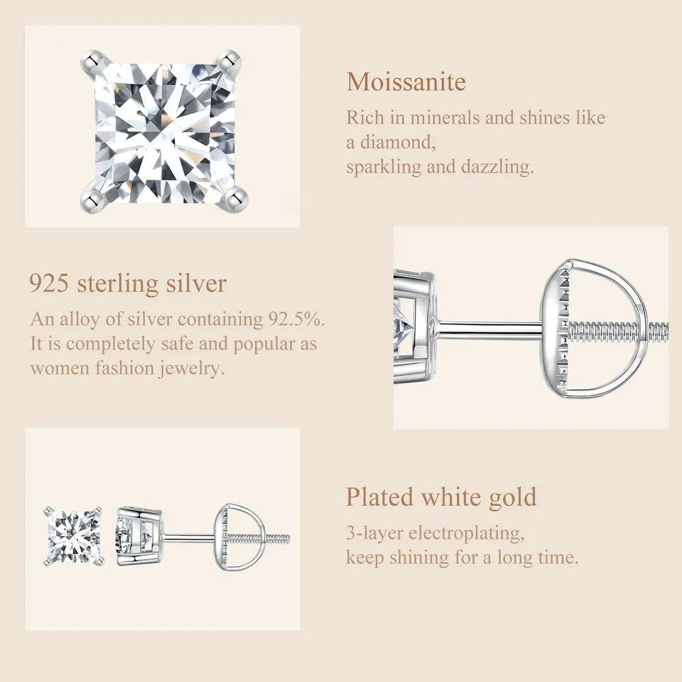 Bamoer 0.5-1ct Moissanite Screw Back Earrings for Women, D Color VVS1 Clarity Lab Created Diamond Earring White Gold Earrings