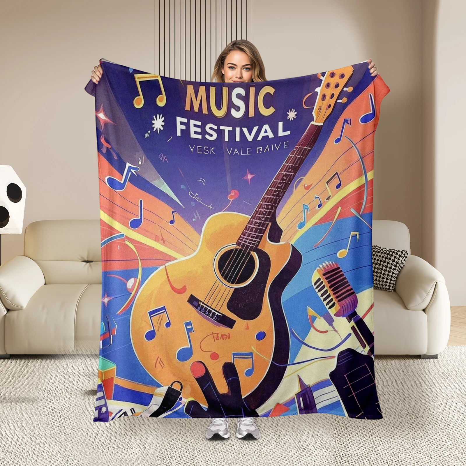 Musical Guitar And Microphone Themed Blanket, Brings Joy And Comfort To Any Living Space. Suitable For All Ages.