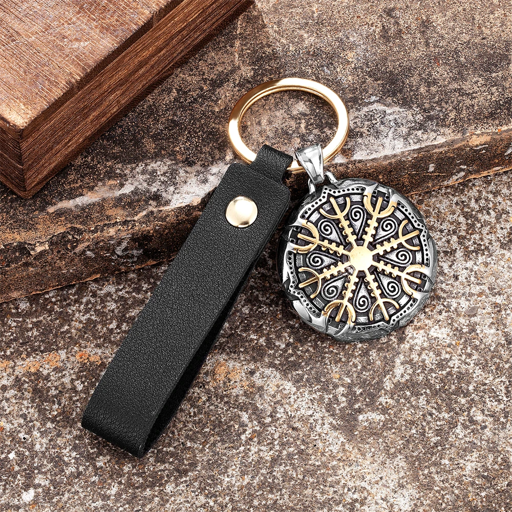 Vintage Vikings Compass Keychain Gold Color Stainless Steel Norse Rune Trident Pendant Amulet Men Never Fade Car Keyring Jewelry