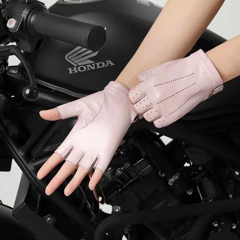 ربيع المرأة نصف اصبع قفازات جلد الغنم الحقيقي في الهواء الطلق ركوب الدراجات القيادة دراجة نارية رقيقة قفازات أصابع القفازات