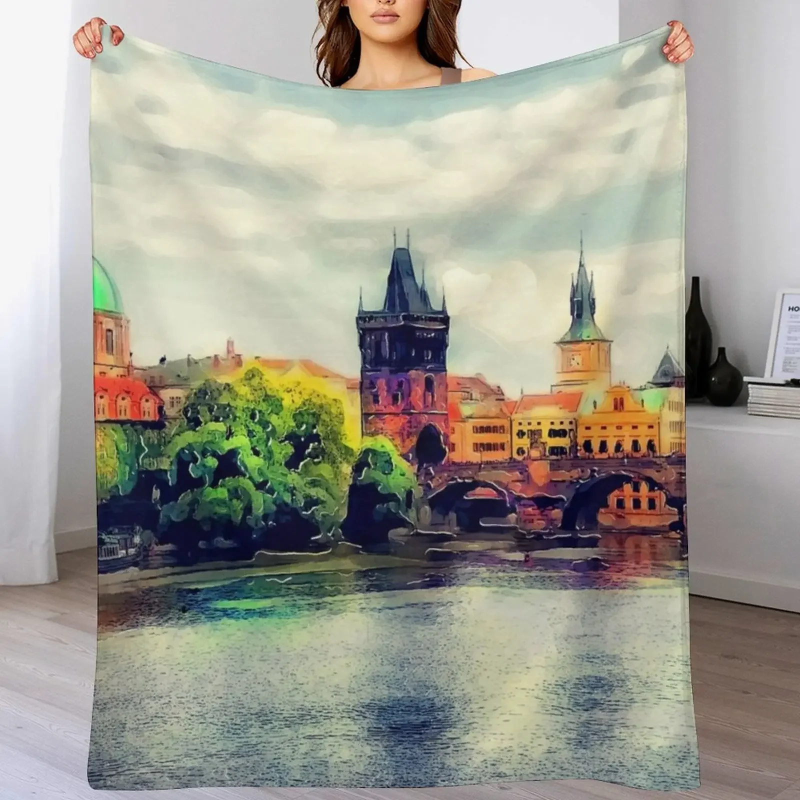 Prague bridge watercolor #prague Throw Blanket Fade Resistant Durable Throw Blanket