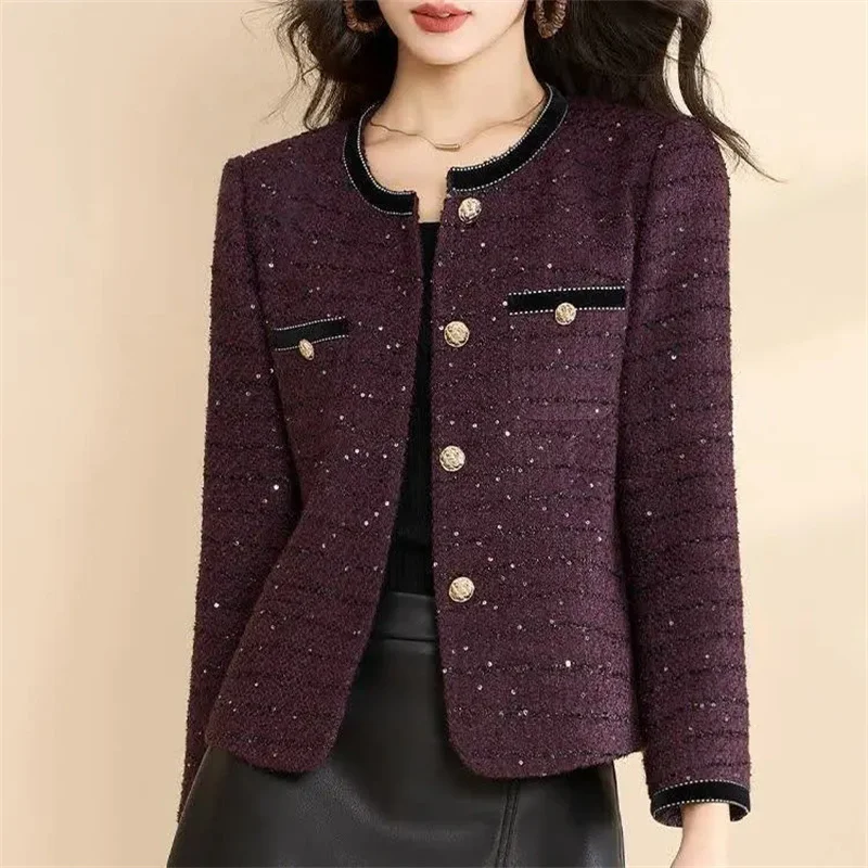Frauen Tweed Woolen Mantel einreiher Strickjacke Kurze Jacke 2025, Frühling Herbst Kleine Duft Jacke Weibliche Oberbekleidung Tops