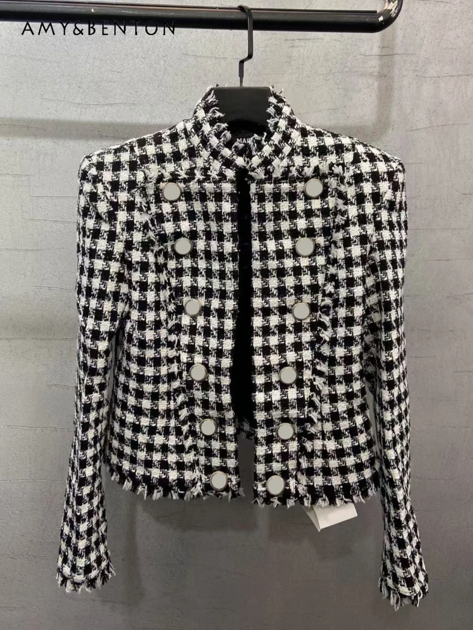 European Station Spring Autumn New Black and White Plaid Coat Women Trendy Temperament Ladies Classic Retro Short Woolen Coats