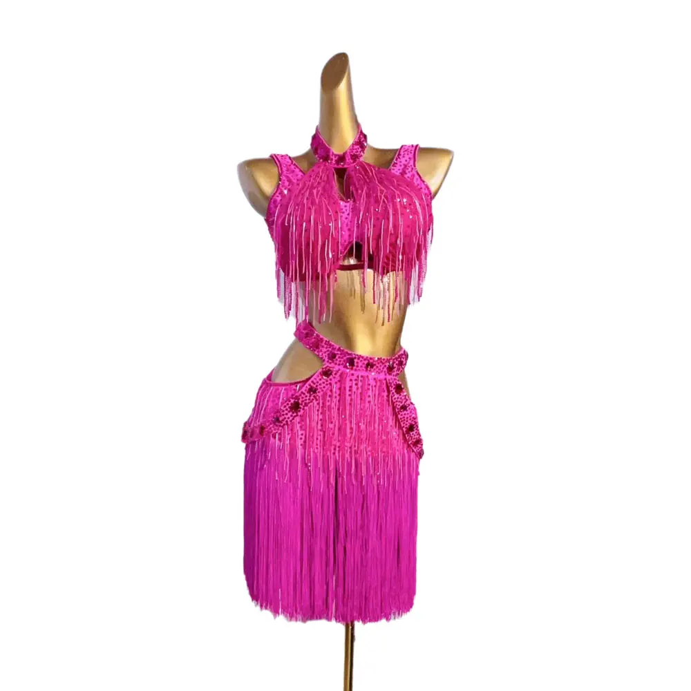 Latin Dance International Performance Level Clothing Samba Standard Dress High-end Custom Sexy Pink Hollow Out