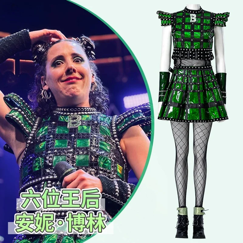 SIX The Musical Cosplay Costume Anne Boleyn Green Faux Leather Mini Skirt Black Fishnet Tights Set for Women’s Halloween Dress view 2