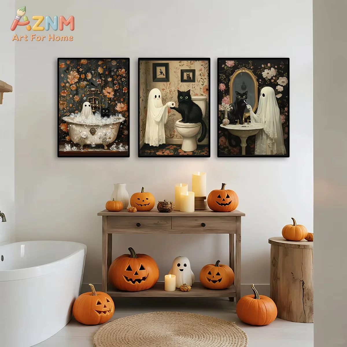 AZNM 3pcs Whimsical Ghost and Cat in Bathtub Canvas Prints Poster Vintage Funny Spooky Floral Art Prints Halloween Home Decor