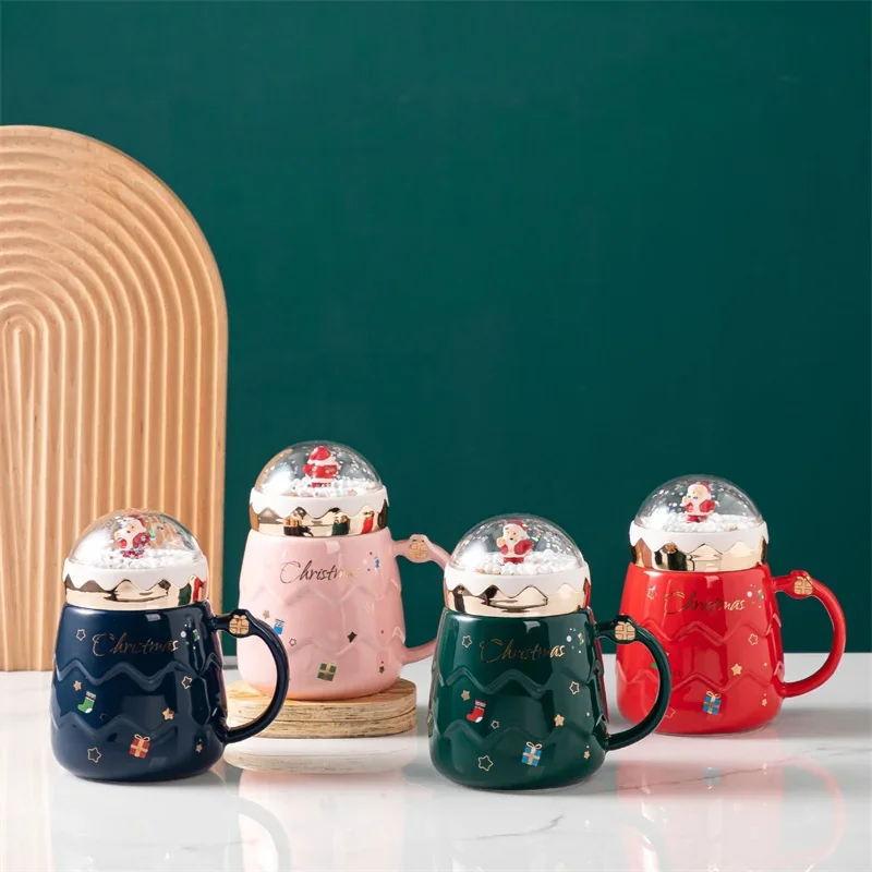 Christmas Cute Santa Claus Figurines Ceramic Cup Creative Snowball Landscape Lid Mugs Xmas Gift Milk Coffee Cup For Office Home