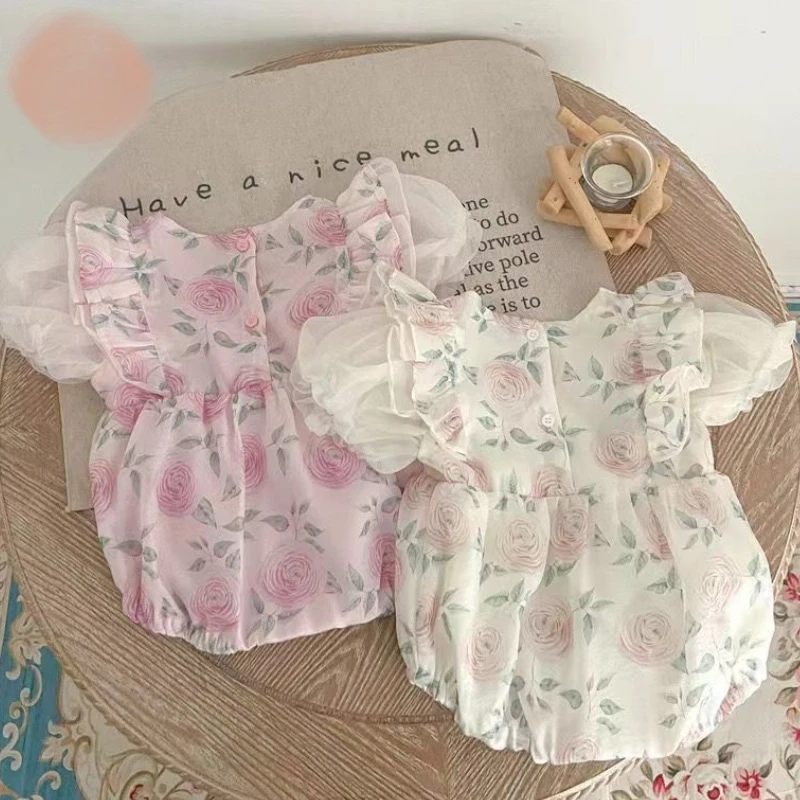 Baby Girl Princess Floral Puff Sleeve Jumpsuit Infant Toddler Elegant Ruffled Pajamas Birthday Party Summer Baby Clothes 3M-18M