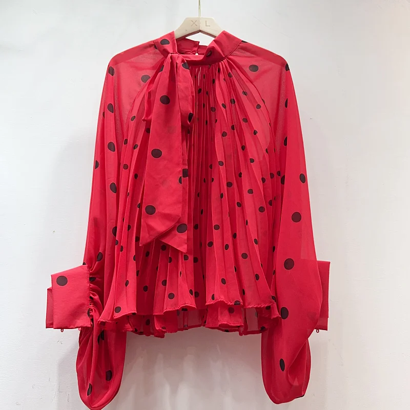 Neploe Chic Polka Dot Chiffon Shirt 2024 Autumn Femme High-End Western Style Light Mature French Niche Elegant Bandage Blouses