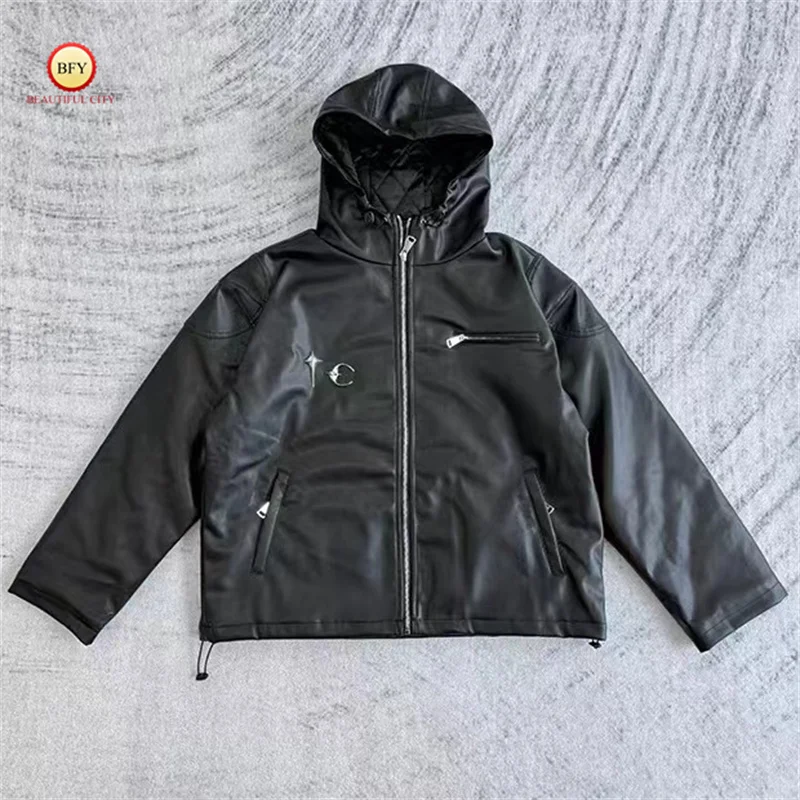 Latest Thug Club Jacket Leather Top Quality 1:1 Metal Embroidery Logo Black Mens Womens Autumn Winter Thug Club Hoodie