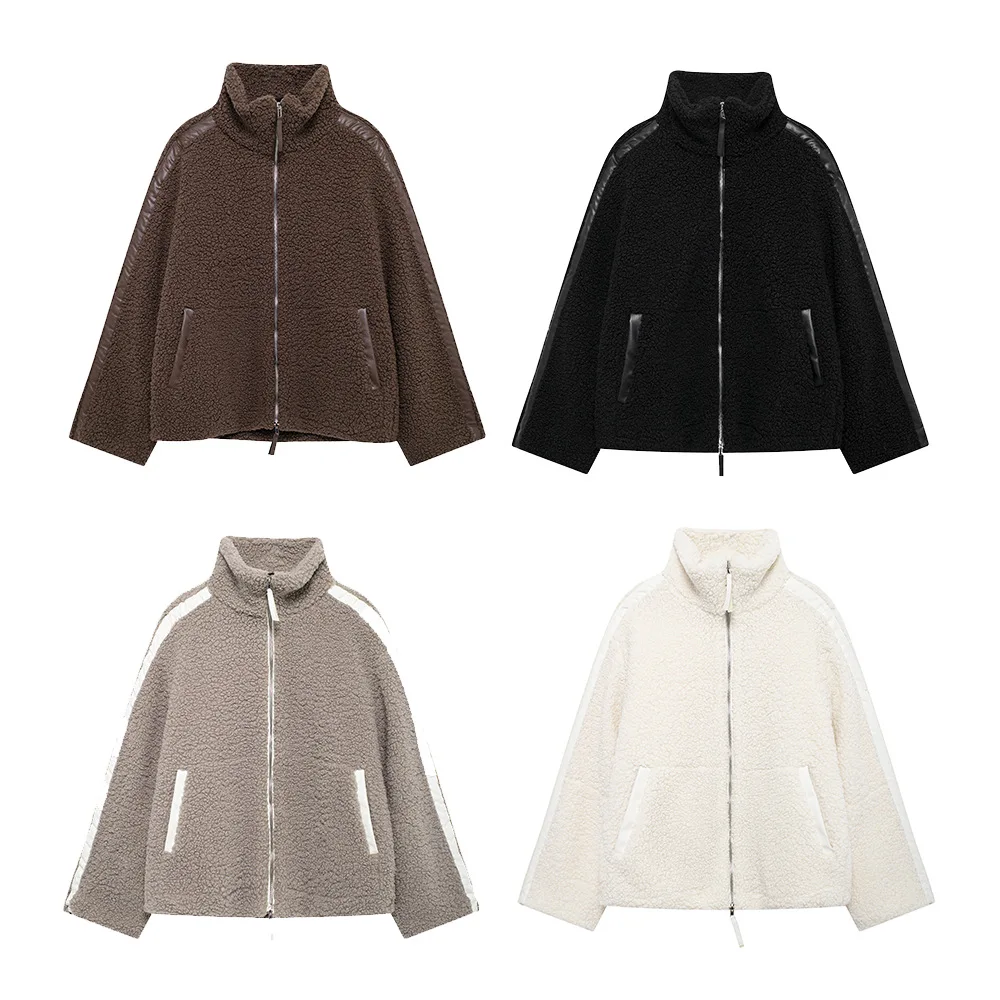 Casual Polar Fleece Sweatshirt Autumn Winter Fashion Stand Collar Zipper Long Sleeve Solid Color Splicing Leather Loose Coat