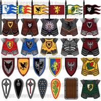 Medieval Red Lion Castle Soldier Knight MOC Vest Shield Armor Figure Accessories Weapons Building Blocks Military Brick Toy B153