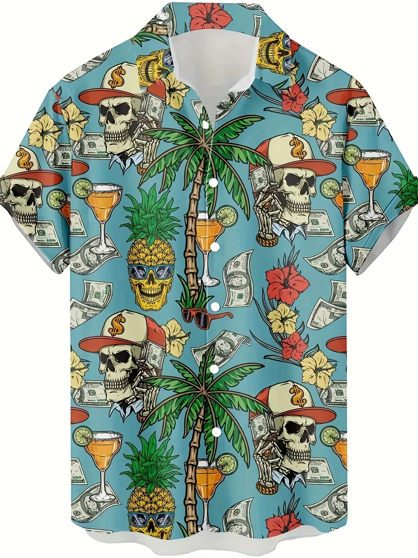 Men Teal Hawaiian Shirt Short Sleeve Skull Dollar Cocktail Pineapple Palm Hibiscus Print Summer Beach Aloha Shirts
