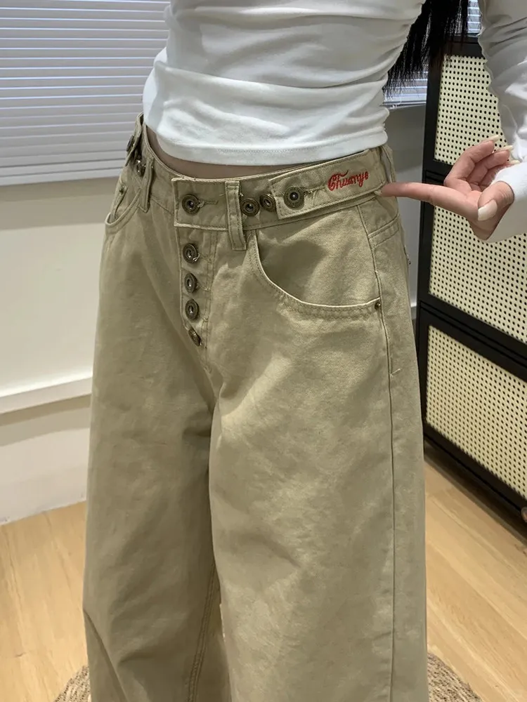 

Khaki Patchwork Work Pants Men's Loose Fit Jeans with Embroidery Adjustable Waist Belt Design Casual Long Trousers