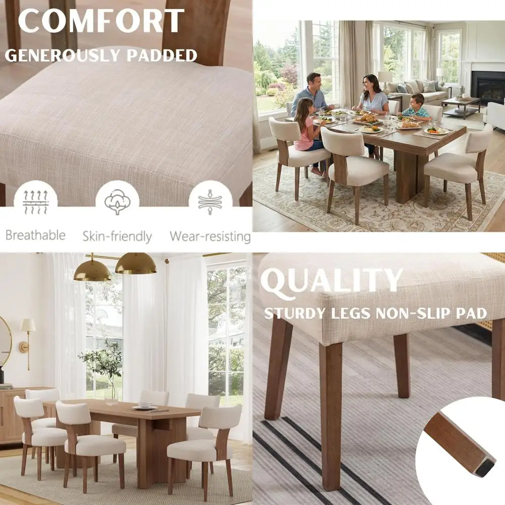 

Set Of 6 Upholstered Linen Fabric Dining Chairs With Curved Backrest And Wood Legs, Beige