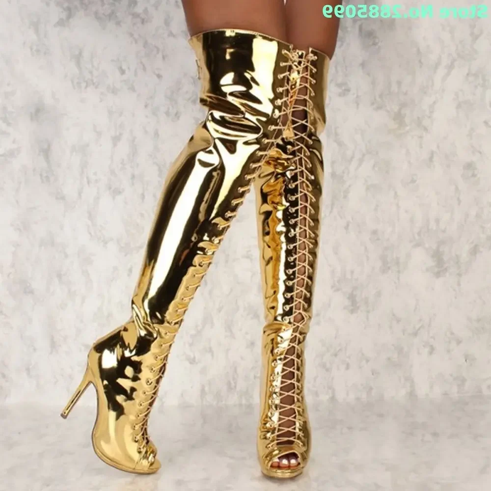 Gold Stiletto Heel Thigh High Boots Lace Up Cross Tied Peep Toe Solid Patent Leather Back Zipper Spring Autume Long Boots Shoes