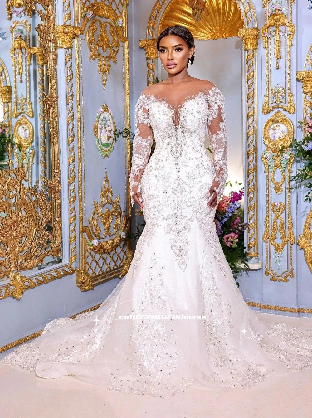 

Luxury Crystals Lace Mermaid Wedding Dress Long Sleeves Scoop Neck Lace Applique Beaded Backless Bridal Gowns Customized