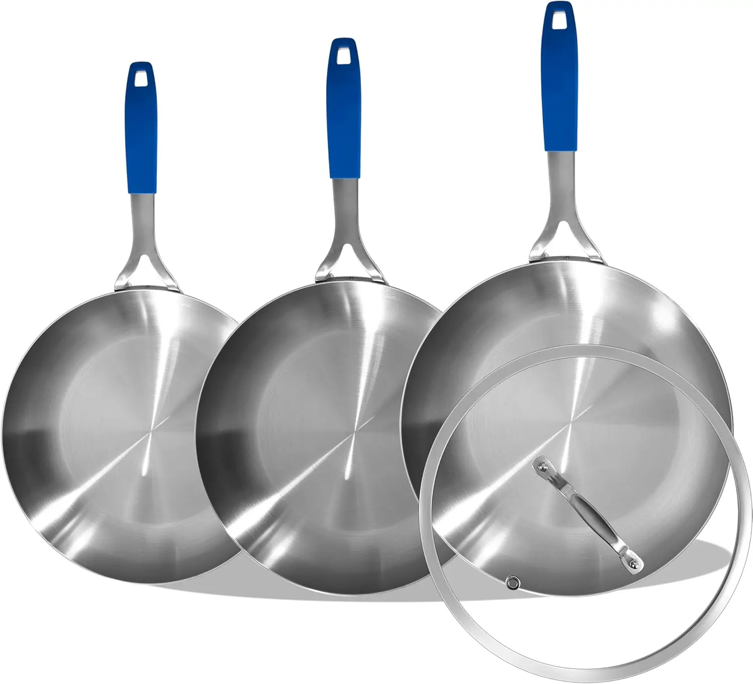 

Three-Piece Stainless Steel Frying Pan Set (with Lid), Flat Bottom Pan, Induction Cooktop Compatible Cookware, Dishwasher Safe