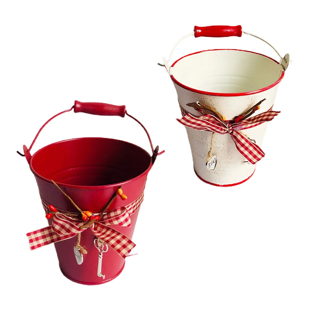 

2pcs Iron Sheet Pots Wooden H Metal Flower Bucket Plant Bucket Metal Planter Durable Eco Friendly