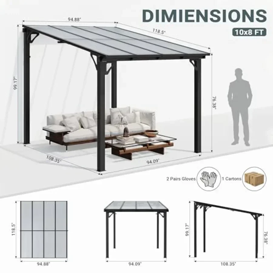Wall-Mounted Lean to Gazebo with  Fe Polyte Panel Hardtop Pergola with Sloped Roof for Backyard Porch Deck