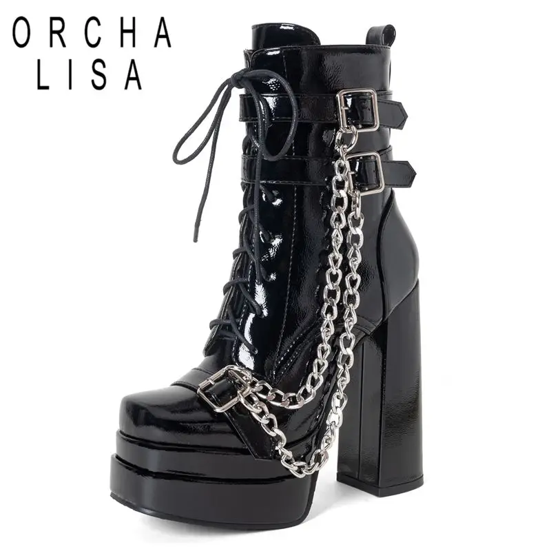 ORCHALISA Punk Ladies Ankle Footwear Square Toe Stack Heel 14cm Raised Base Zip Lace Chain Decor Extended Sizes 43 44 45 Party