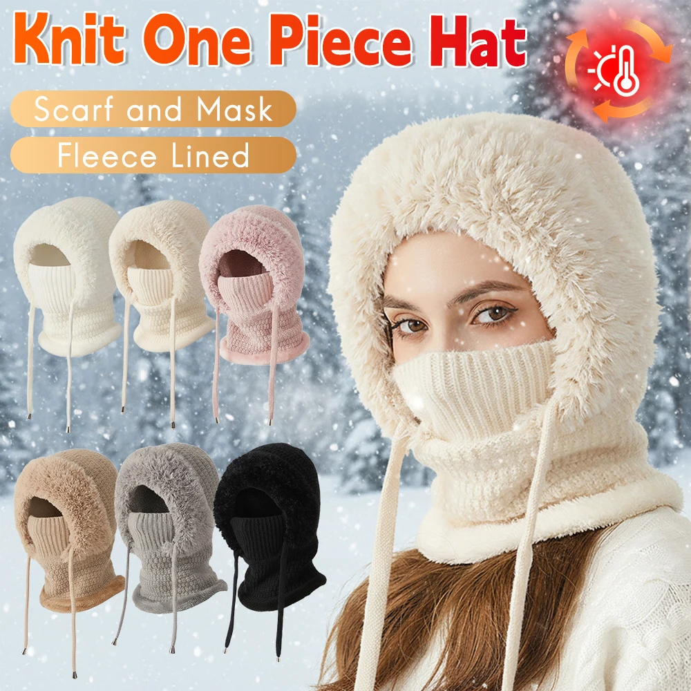 

Winter Knitted Hat Ear Protection Balaclava Hat Fluffy Mask Neck Integrated Hooded Cap Outdoor Thickened Hat for Ski Cycling