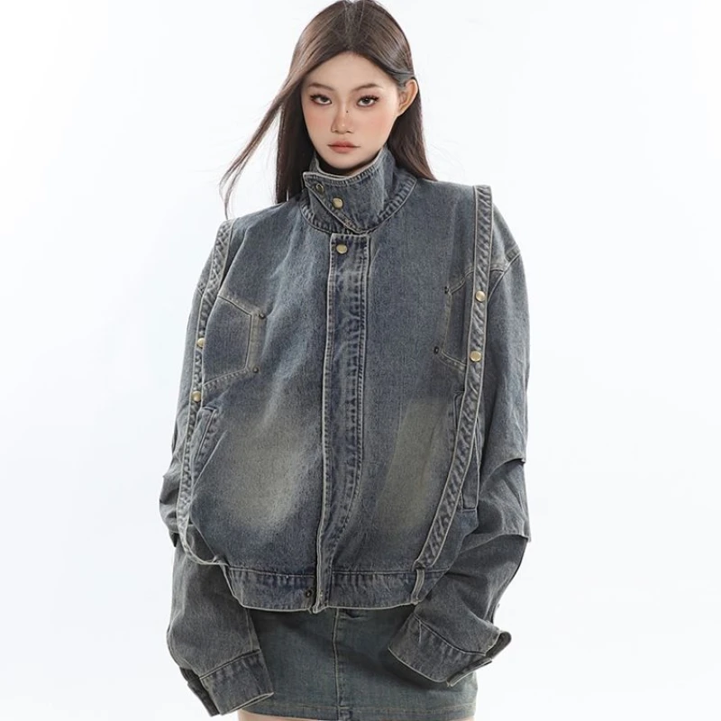 

Spring Fall Women Bleached Loose Denim Jacket Coat , Woman European Style Fasion Designer Rivest Coats Jackets