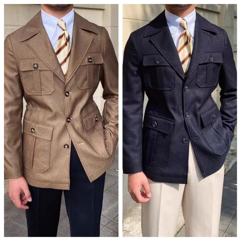 

Hunting-Style Suit Jacket With Lapel Collar Multiple Pockets Adjustable Waist Fall New Arrival Jacket Workwear Suit Outerwear