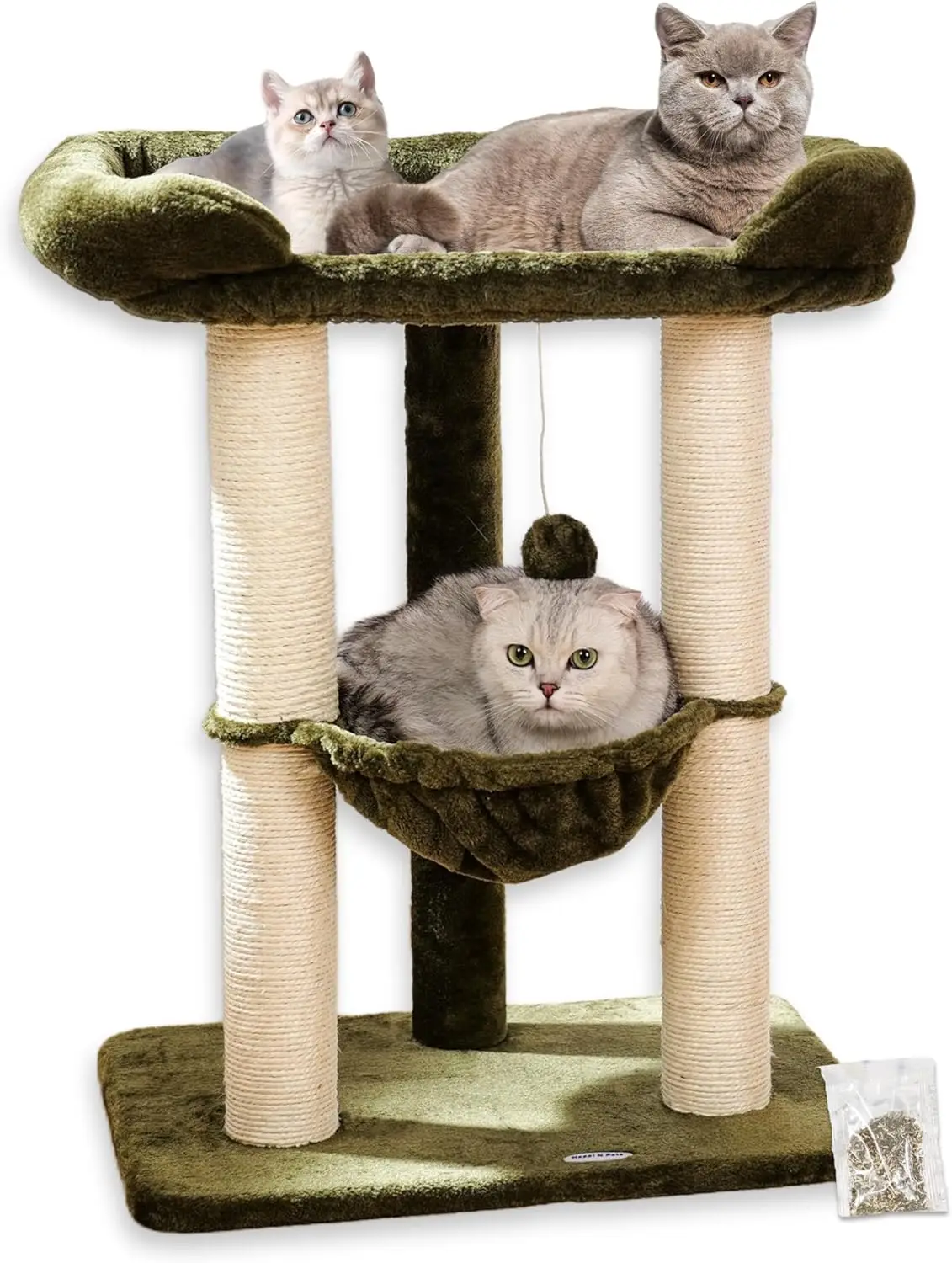 

28" Cat Tree for Large Cats, Stable Cat Tower with Soft Perch, Scratching Post & Hammock, Removable Cover-Green