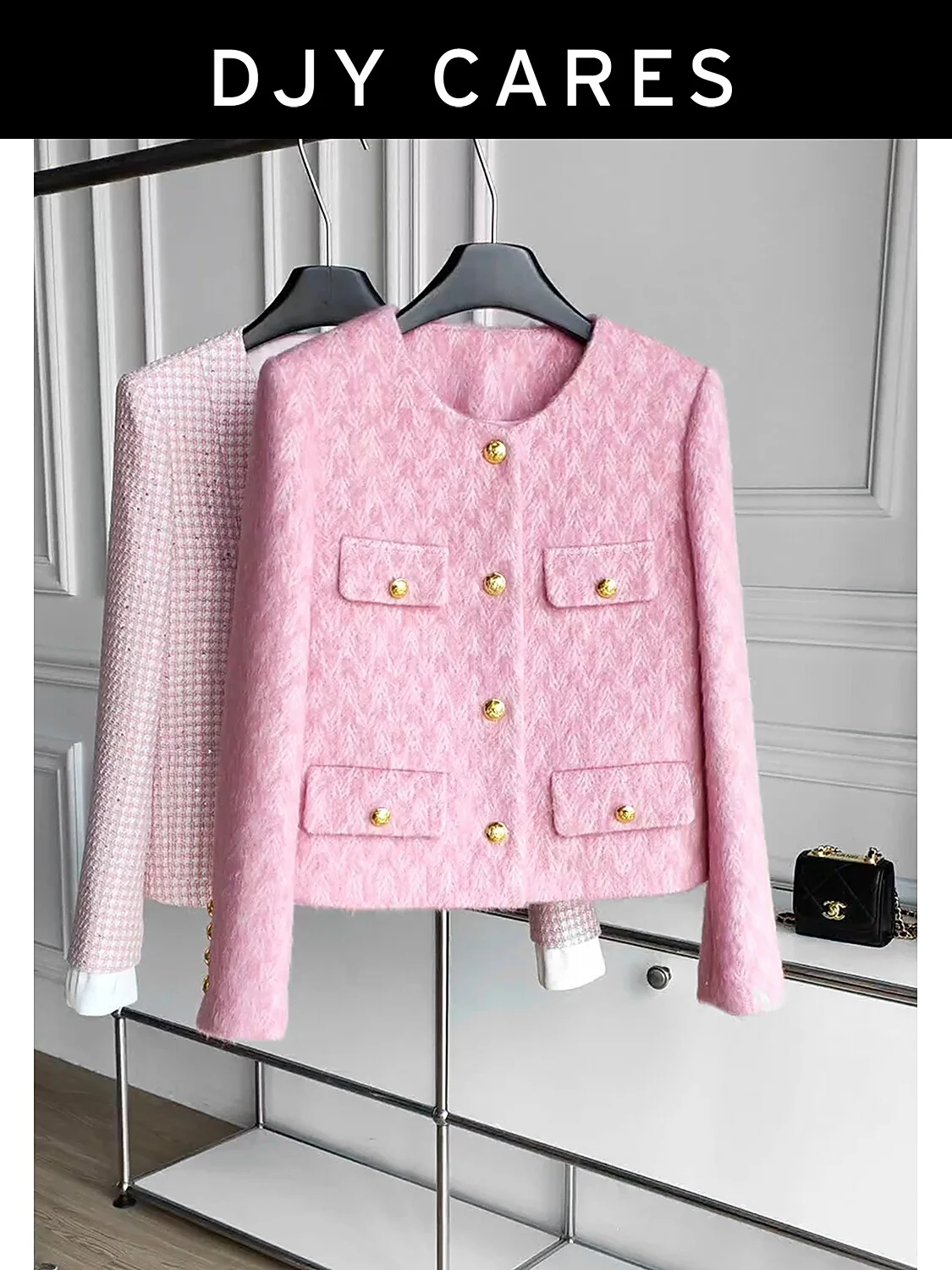 New   Coarse woolen comfortable pink coat with temperament top