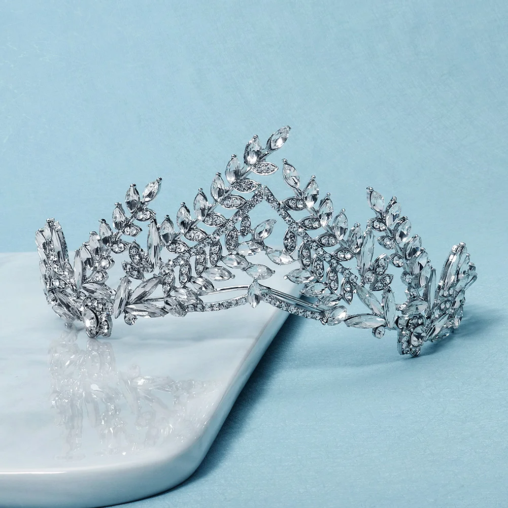 Vintage Silver Leaf Crystal Tiara Rhinestone Bridal Crown Wedding Hair Accessories for Women Prom Evening Party Gatsby Headpiece view 4