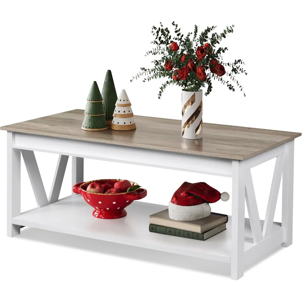 Salontafel in boerderijstijl met opbergplank en V-vormige steun voor de woonkamer