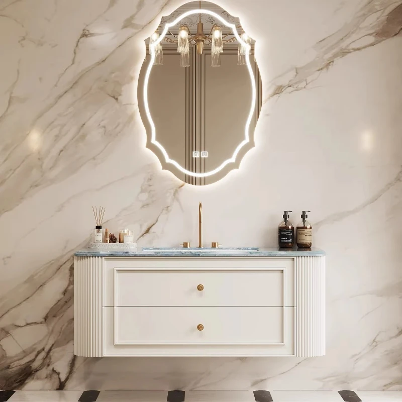 

French Bathroom Vanity Smart Light Emitting Diode Mirror Marble Countertop with Hotel Ceramic Basin
