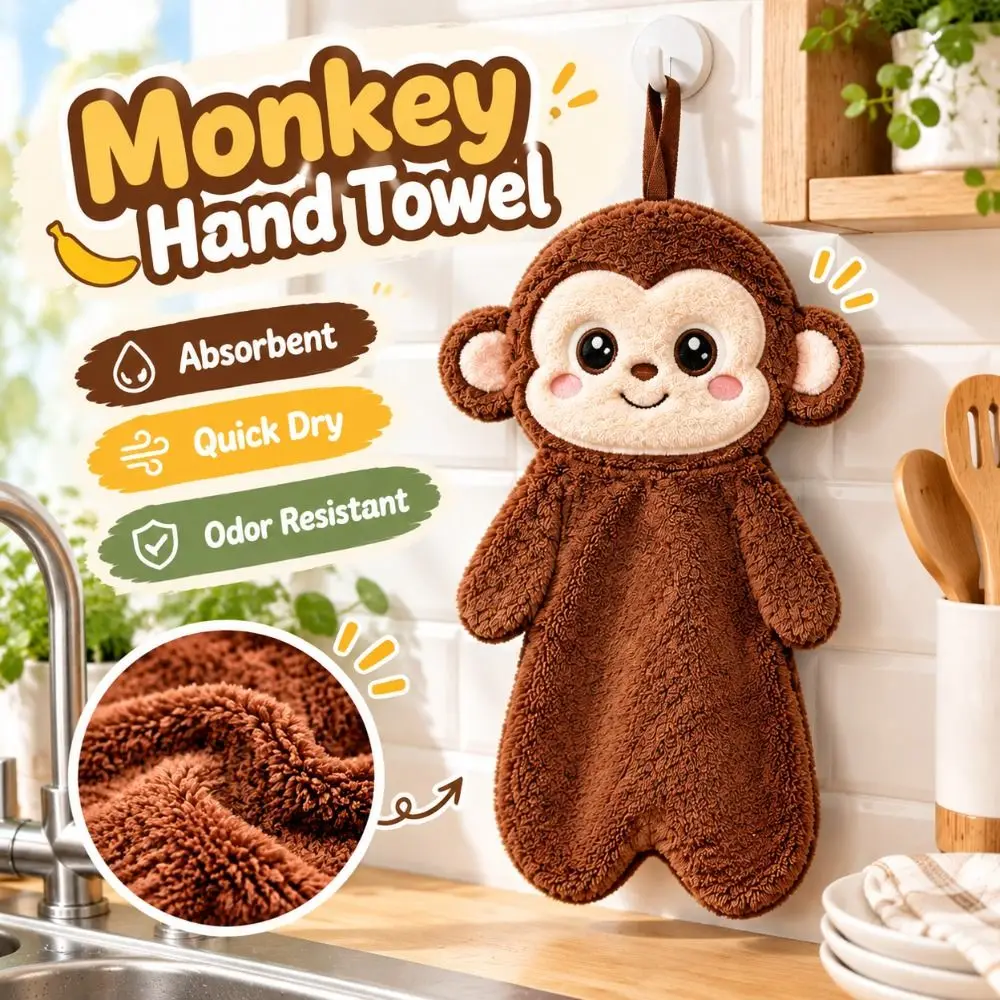 Cute Monkey Shape Hanging Hand Towel Absorbent Quick Dry Coral Fleece Towel Soft Odor Resistant Cartoon Hand Cloth Kitchen