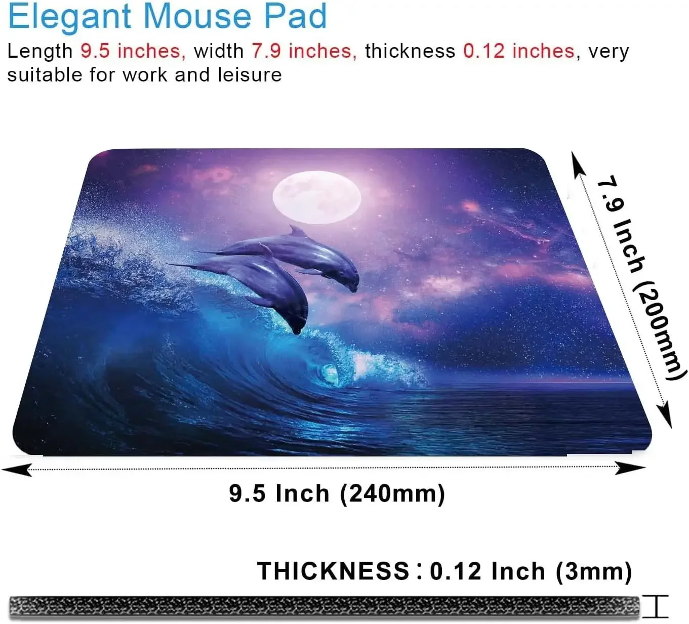 Imagem -02 - Noite Oceano Lindos Golfinhos Mouse Pad Mouse Pad Antiderrapante Borracha Mouse Pads Bordas Costuradas 9.5x7.9 Polegada para Escritório Portátil