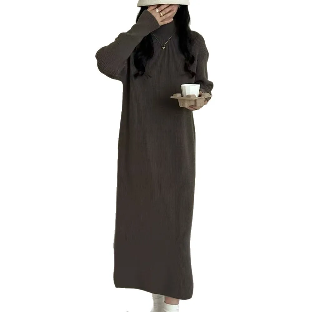 Estilo coreano cor sólida versátil meia gola alta vestido de malha para mulheres inverno solto ajuste camada interna vestido camisola quente